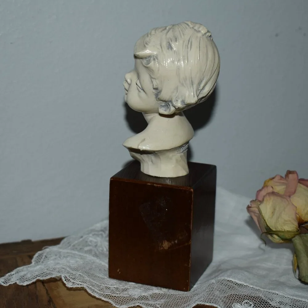 Antique Vintage Petit Resin Small Sculpture Smiling Boy Bust Decor